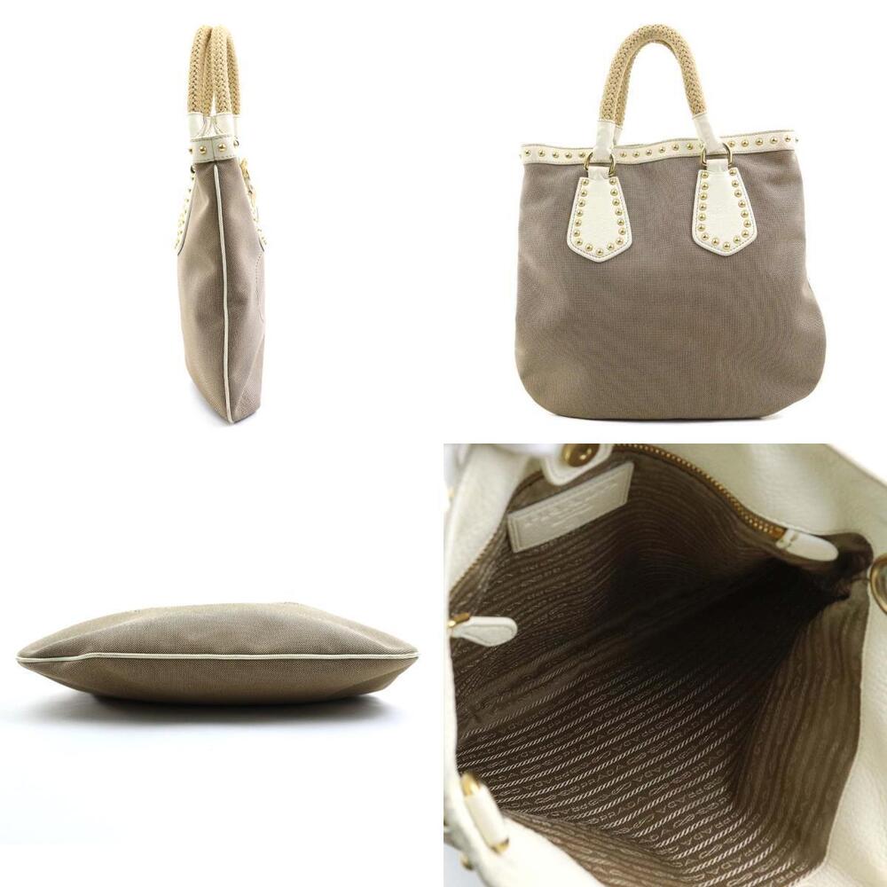 Prada Shoulder Canvas Handle Logo Studded Top Bag Jacquard Beige White